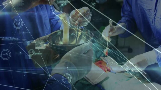 OR team gripping tissue with forceps pulling into bowl for lab clamping incision HUD tracking hands