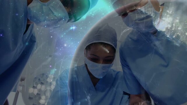 Camera pulling upward while three surgical staff operating to treat patient, globe overlay blending