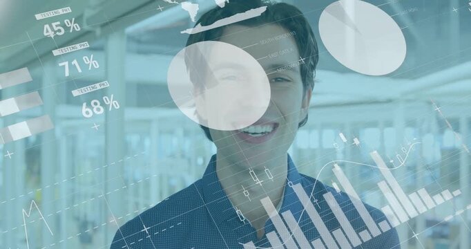 Male pro smiling in office, smile starting HUD, charts sliding over face, showing finance metrics