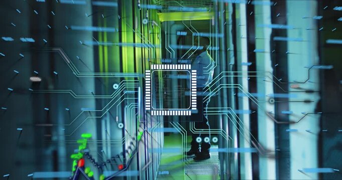 Tech inspecting racks in data center, starting scan and generating chip HUD, circuits and telemetry