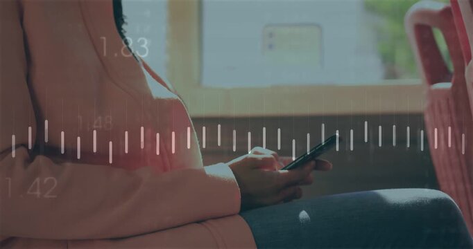Mature woman tapping smartphone, animated waveform reacting to input for mobile technology testing