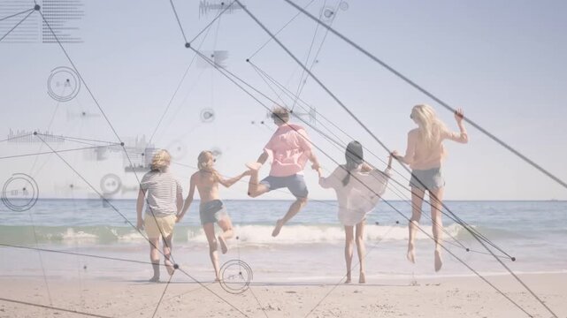 Sun sparking five friends frolicking toward ocean holding hands, marketing HUD overlays crossing