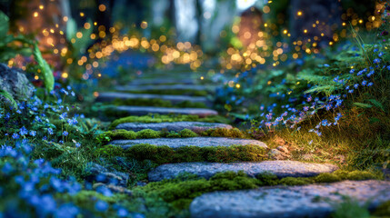Naklejka premium Enchanting garden pathway with moss-covered stone steps and glowing fairy lights surrounded by delicate blue flowers in a magical evening setting