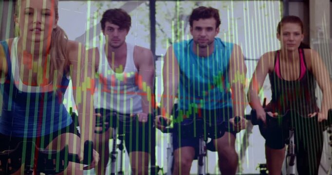 Four cyclists pedaling in spin studio, fourth moving forward causing chart overlay and holding pace