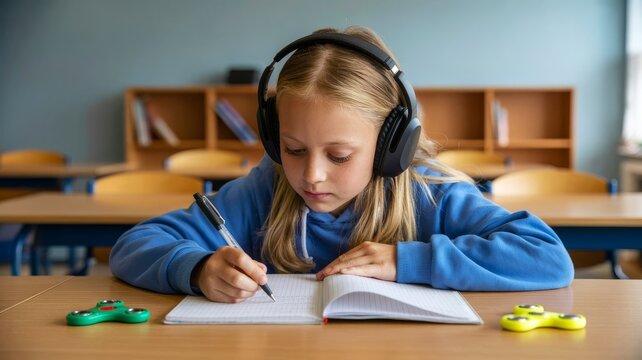 A focused girl wearing headphones writes in a notebook at a desk, surrounded by colorful fidget toys in a classroom setting.