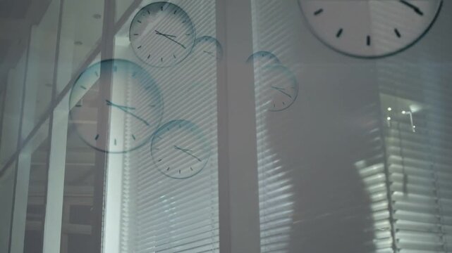 Woman shifting behind blinds, animated clocks appearing and layering, showing time flow for tech
