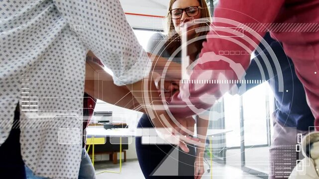 Team placing hands into stack, tightening, HUD aligning with stack, raising arms for business unity
