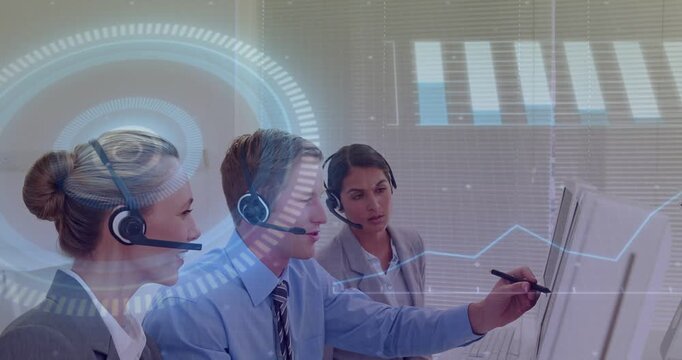 Vertical video: Tech team talking into mics pointing pen at screen, animating HUD chart for review
