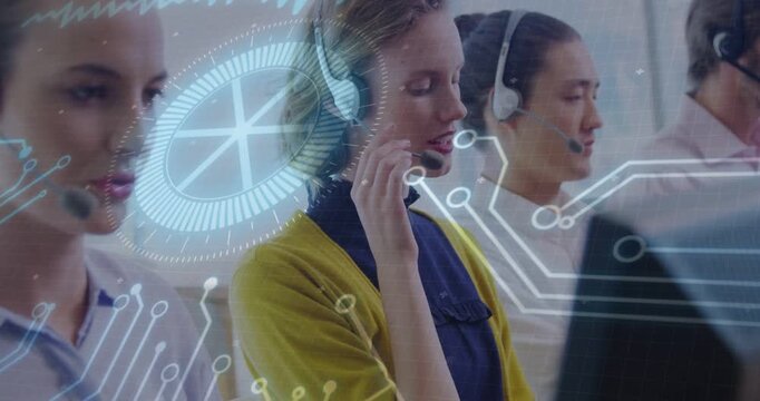 Vertical video: Center woman adjusting headset mic, speaking to support while HUD overlays