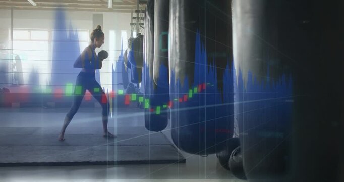 Woman boxing, starting lunge and punching bags while waveform candlestick overlay animating fitness