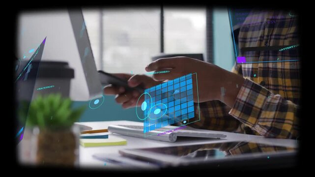Man tapping smartphone and initiating holographic tech grid then typing on keyboard syncing data