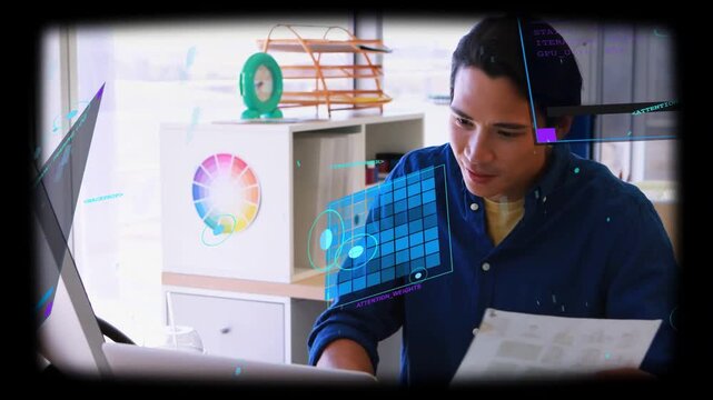 UX designer gesturing at desk holo UI appearing and aligning to hands, reading paper testing device