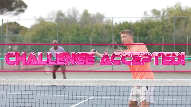Orange tennis player shifting raising racket on ball seeking win under neon CHALLENGE ACCEPTED text