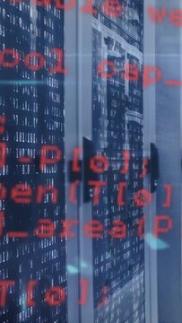 Vertical video: Red code rising over racks, causing camera pan as cyan sparks drifting to show data