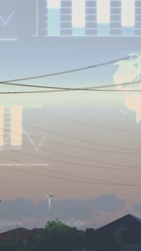 Vertical video: Cam starting pan, revealing pole then tower while power lines crossing for skyline