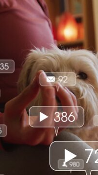 Vertical video: Woman pinching near dog to get focus, social bubbles showing rising views