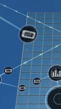 Luminous diagonal emerging, starting floating nodes linking over glass tower, showing tech network