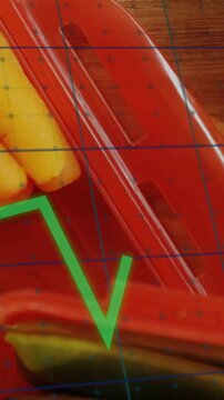 Vertical video: Camera panning down revealing red tray, green graph moving over grid, showing data