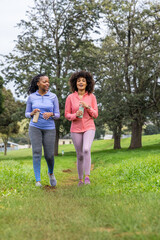 Fototapeta premium Two African American women in activewear walking together on park path holding reusable bottles