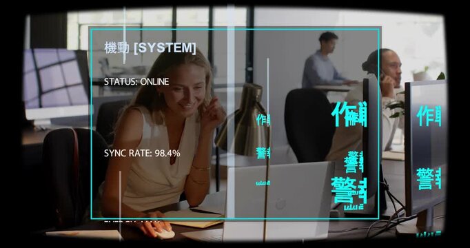 Female tech worker clicking mouse at desk, initiating cyan HUD syncing and expanding around laptop