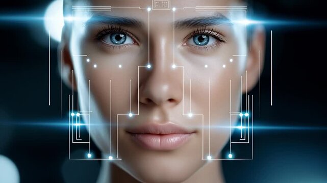 Woman face with digital scanning interface highlighting biometric recognition, artificial intelligence and advanced facial analysis technology