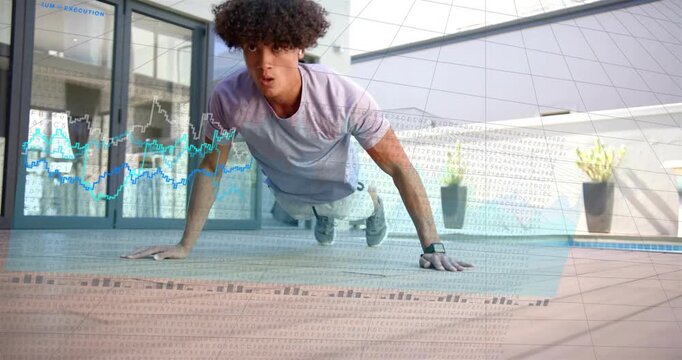 Man doing push-ups on balcony, starting low, overlay graphs rising, tracking fitness reps
