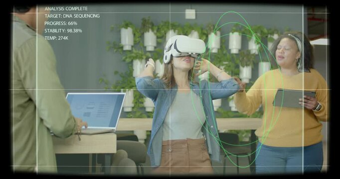 Center woman putting on VR headset and activating BIO_LAB HUD, mapping hands, testing sequencing