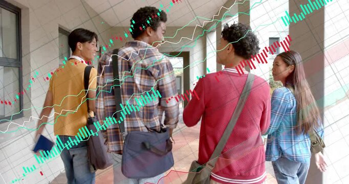 4 students walking  and  talking, heading toward school exit, gestures causing charts  and  waves em