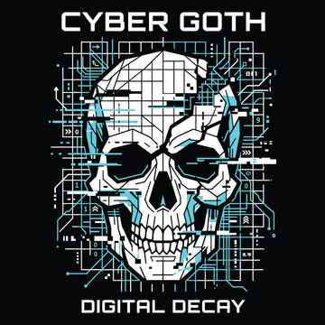 Cyber goth skull with digital glitch and circuit board design digital decay t shirt anti establishment futuristic abstract illustration