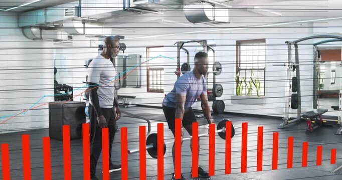 Trainee approaching bar gripping and deadlifting in gym while coach watching overlay tracking form
