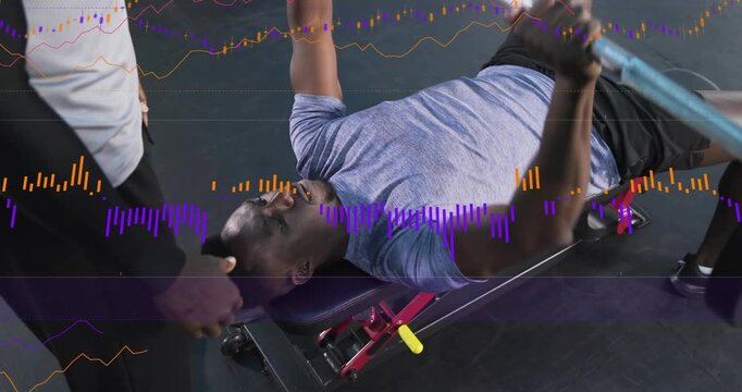 Trainee doing benchpress with barbell while spotter aiding lift, waveforms tracking rep strength