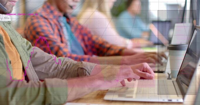 Coworkers typing at shared table in business, keystrokes initiating magenta graph overlay for data
