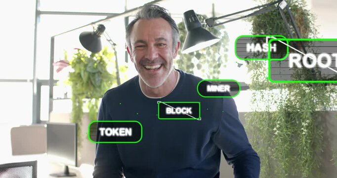 Seated man, alert causing blockchain badges, ADMIN growing, he gesturing showing USER or TOKEN roles