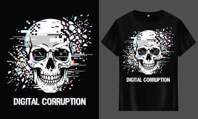 Fototapeta premium Digital corruption skull vector art with glitch effect for apparel t shirt illustration clothing futuristic computer skeleton template
