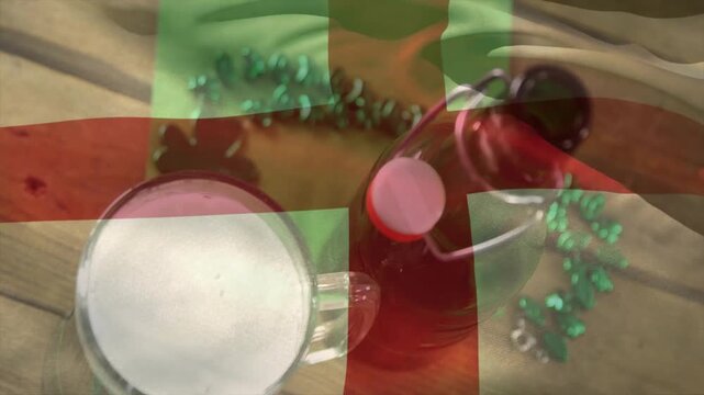 Mug and red bottle shifting as translucent overlay sweeping, tinting foam for product photography