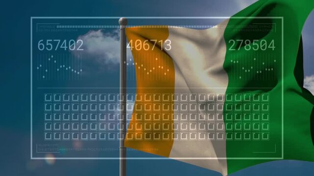 Tricolor flag waving in sun HUD appearing f2 updating numbers waves grid fading for tech monitoring