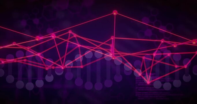 Neon magenta wireframe reacting to data pulse, forming peaks, pulsing nodes, visualizing shifts