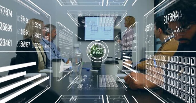 Presenter gesturing and initiating AR HUD, business team taking notes, orb sweeping toward plant