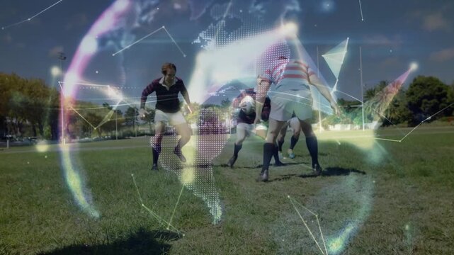 Sports maroon runner receiving pass driving past defense gaining turf while poly globe annotating