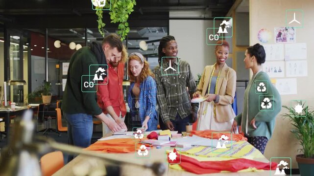 Team arranging fabrics, measuring swatches for green pitch, animated icons moving across table