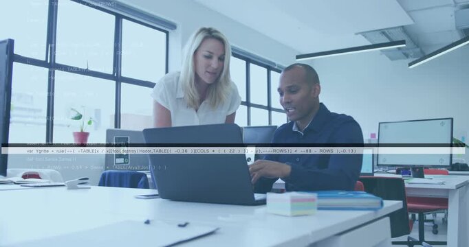 Man explaining, woman leaning, both reviewing laptop while scan-lines and code over business screen