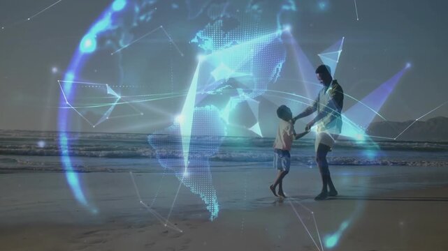Father guiding son twirling on wet sand for play, tech polygons forming rotating globe over them