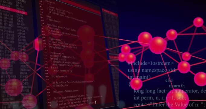 Magenta node network rotating right while red terminals sliding in from left, revealing C++ code