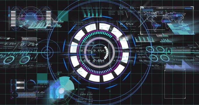 HUD assembling on start, rotating rings and lighting segments as panels updating analytics for tech