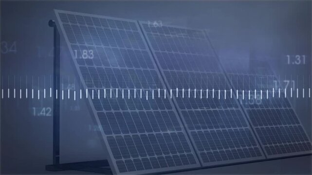 Tilted solar array showing orange line and numeric overlays on data pulse visualizing power output