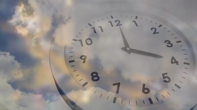 Time driving clock hands turning while clouds shifting and overlay blending numbers for business