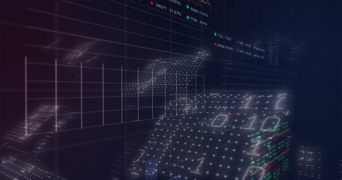 3D data viz emerging from darkness, forming market dashboard with dotted wave, 01 digits