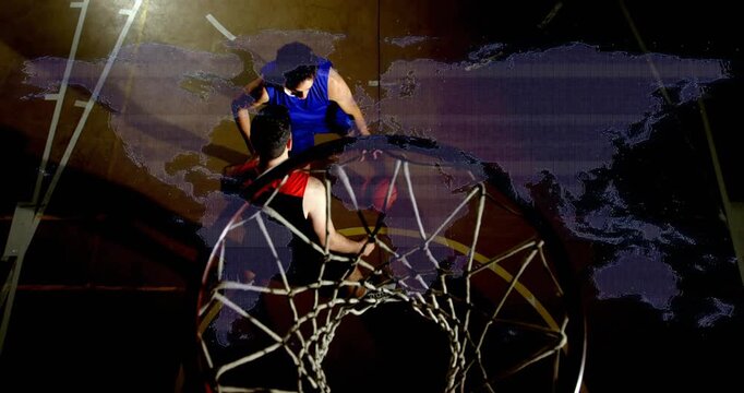 Blue #2 driving rim, initiating layup trying score, defender contesting, sports court map shifting