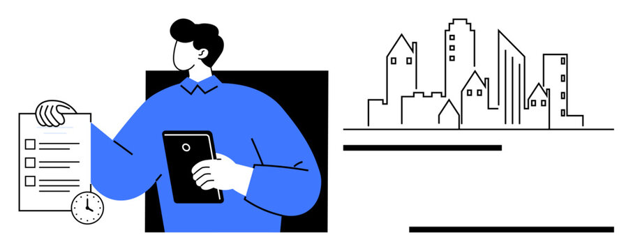 Business strategy, urban planning, project management, design, technology, real estate. Person holding documents and a digital device next to cityscape lines. Business strategy and urban planning