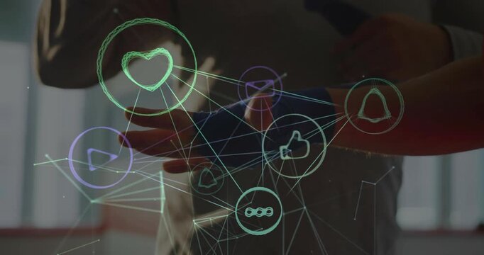 Two partners sharing device, launching heart icon network, pointing and showing shared interface
